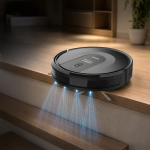Роботът-прахосмукачка X-Clean 3in1 с Wi-Fi се движи близо до ръба на стълбището, излъчвайки сини сензорни светлини надолу, за да засече стъпалото и да избегне падане. Сцената е на закрито, с дървен под, машина за домашен сладолед на плота и растение на заден план.