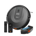 Кръгла черна прахосмукачка-робот X-Clean 3в1 с Wi-Fi, дистанционно управление, приложение за смартфон и сменяем резервоар, пълен със синя вода — идеална за любителите на технологиите, които ценят устройствата за умния дом толкова, колкото и иновативните уреди като автоматична машина за сладолед.