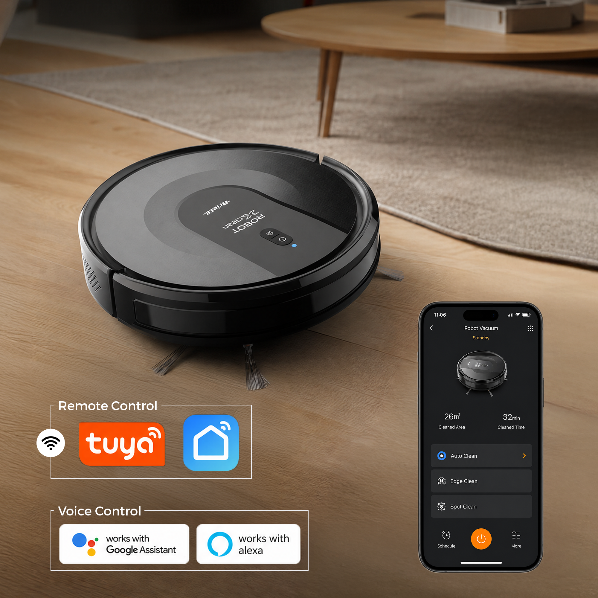 Черна прахосмукачка-робот X-Clean 3в1 с Wi-Fi почиства дървен под до масичката за кафе, докато на екрана на смартфона се вижда приложението за управление. Логотата показват съвместимост с Tuya, Google Assistant и Alexa – идеално за умни домове, оборудвани с модерни уреди като автоматична машина за сладолед или машина за сладолед с компресор.