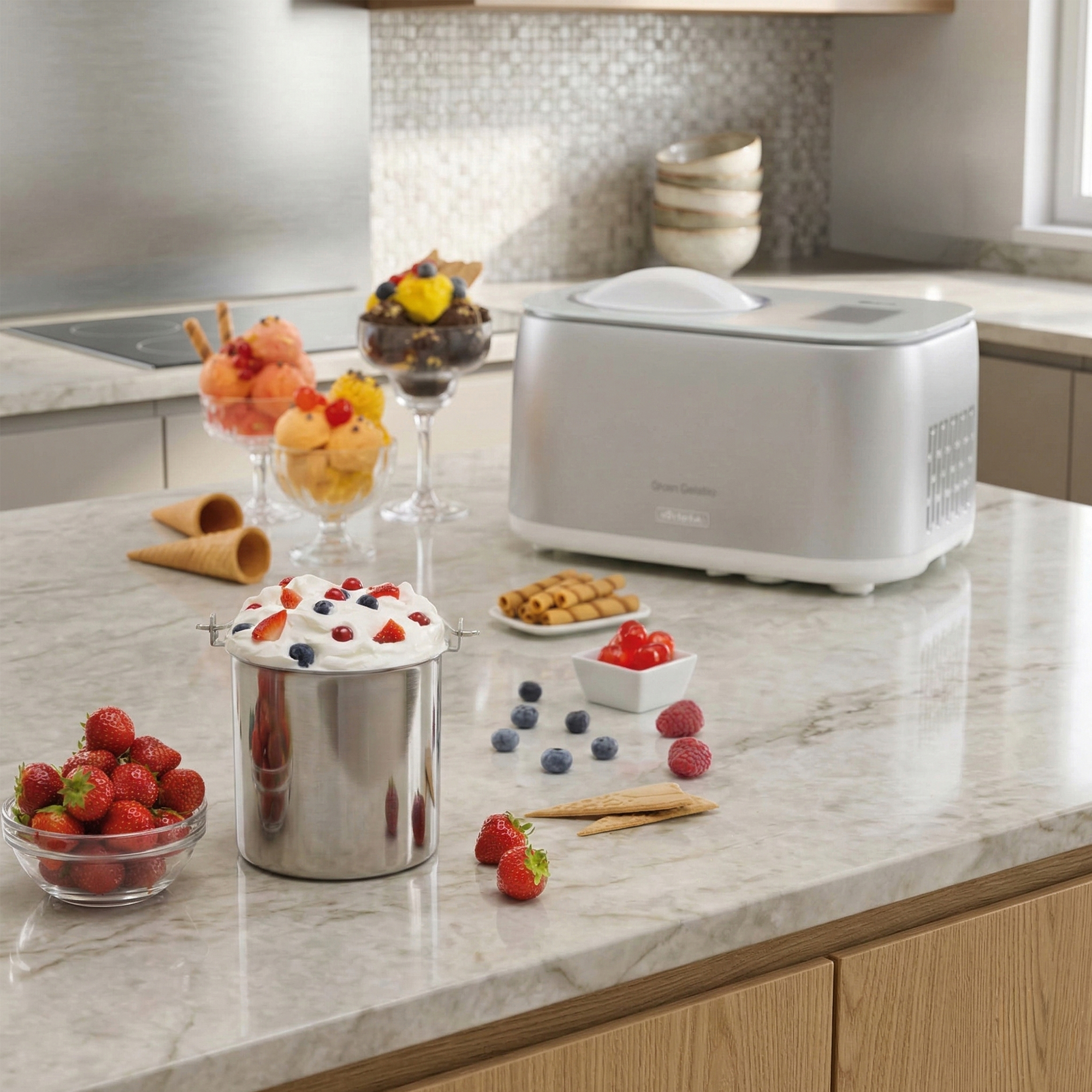 Кухненски плот с машина за сладолед с компресор „Gran Gelato 4in1“, купа с разбита сметана и горски плодове, чиния с ягоди, конуси за сладолед, навити вафли, горски плодове на бройка и чаши за десерт, пълни с топки сладолед и плодове.