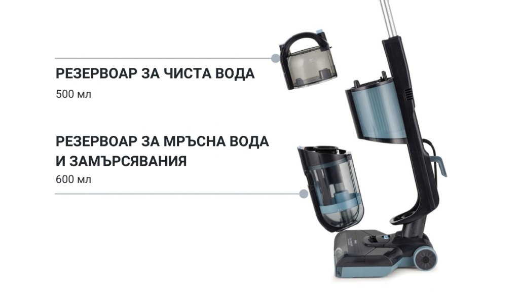 Прахосмукачка за мокро и сухо почистване AquaForce Easy Wash & Vacuum с два подвижни резервоара, обозначени на български: 500 мл за чиста вода и 600 мл за мръсна вода и отпадъци, разположени до уреда. Идеална за поддържане на същото ниво на чистота, което очаквате от автоматична машина за сладолед, тази прахосмукачка гарантира ефективност и хигиеничност при всяко използване.